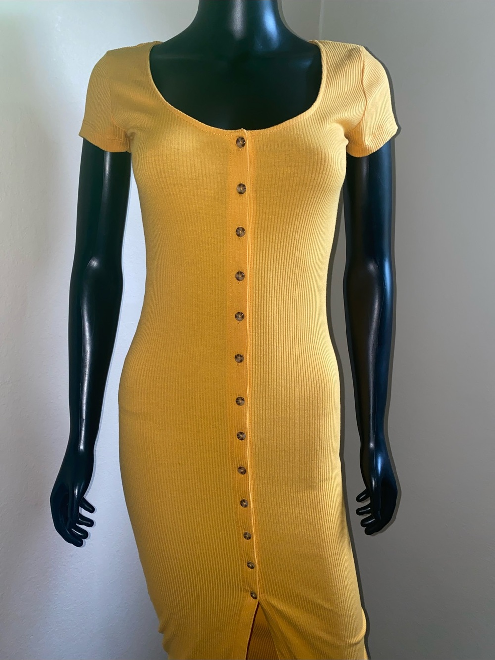 Forever 21 Mustard Yellow Ribbed Button-Down Midi Dress - Picture 3 of 9